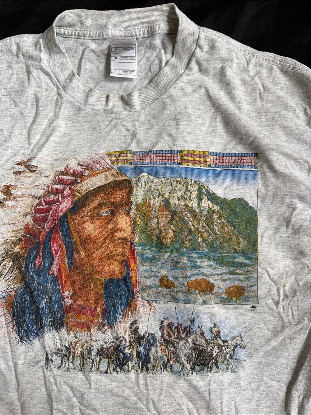 90s vintage Native American Graphic Tee in Heather Gray with Multicolor Print